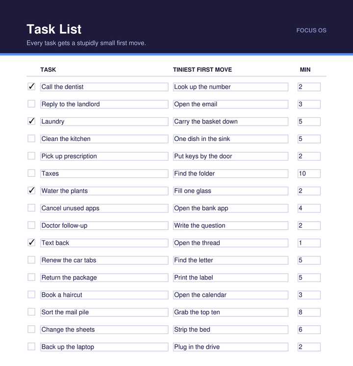 The Focus OS Task List page, filled in. Sixteen rows pair a task with its tiniest first move and an estimated minutes value: 'Call the dentist' with 'Look up the number', 2 minutes; 'Taxes' with 'Find the folder', 10 minutes; 'Cancel unused apps' with 'Open the bank app', 4 minutes.